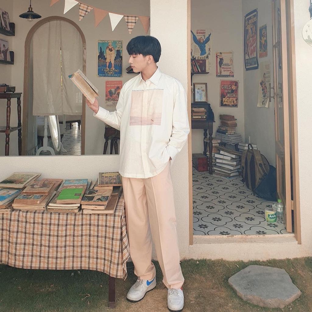 Áo cổ sơ mi tay dài trắng in hình GO BACK HOME