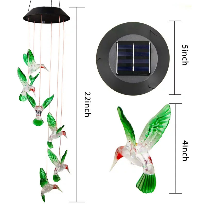 ĐÈN LED Năng Lượng Mặt Trời Đèn Chuông Gió Chim ruồi tự động sáng đổi màu