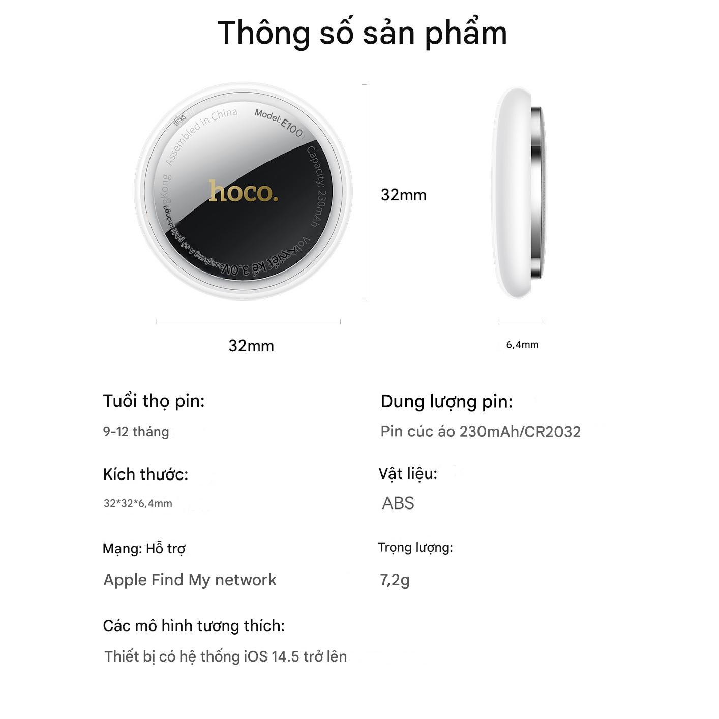 Thiết bị định vị GPS HOCO E100 cho iOS chống thất lạc thông minh không giới hạn khoảng cách, định vị xe, chìa khóa, hành lý, tặng kèm ốp cao su - Hàng chính hãng