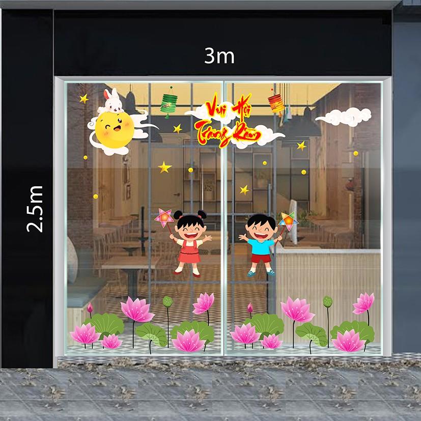 Decal trang trí trung thu 2021 combo bé nắm tay nhau đi đón Trung Thu