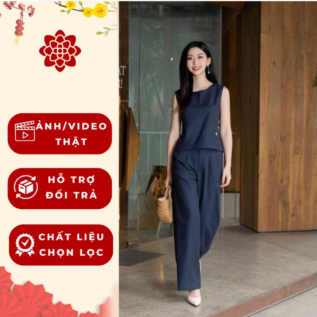 (#MẪU MỚI VỀ) Set bộ gồm áo sát nách và quần dài ống rộng, họa tiết khuy giả chéo sườn, sanh chảnh, dễ mặc, phù hợp đi làm, đi làm, đi chơi, ở nhà