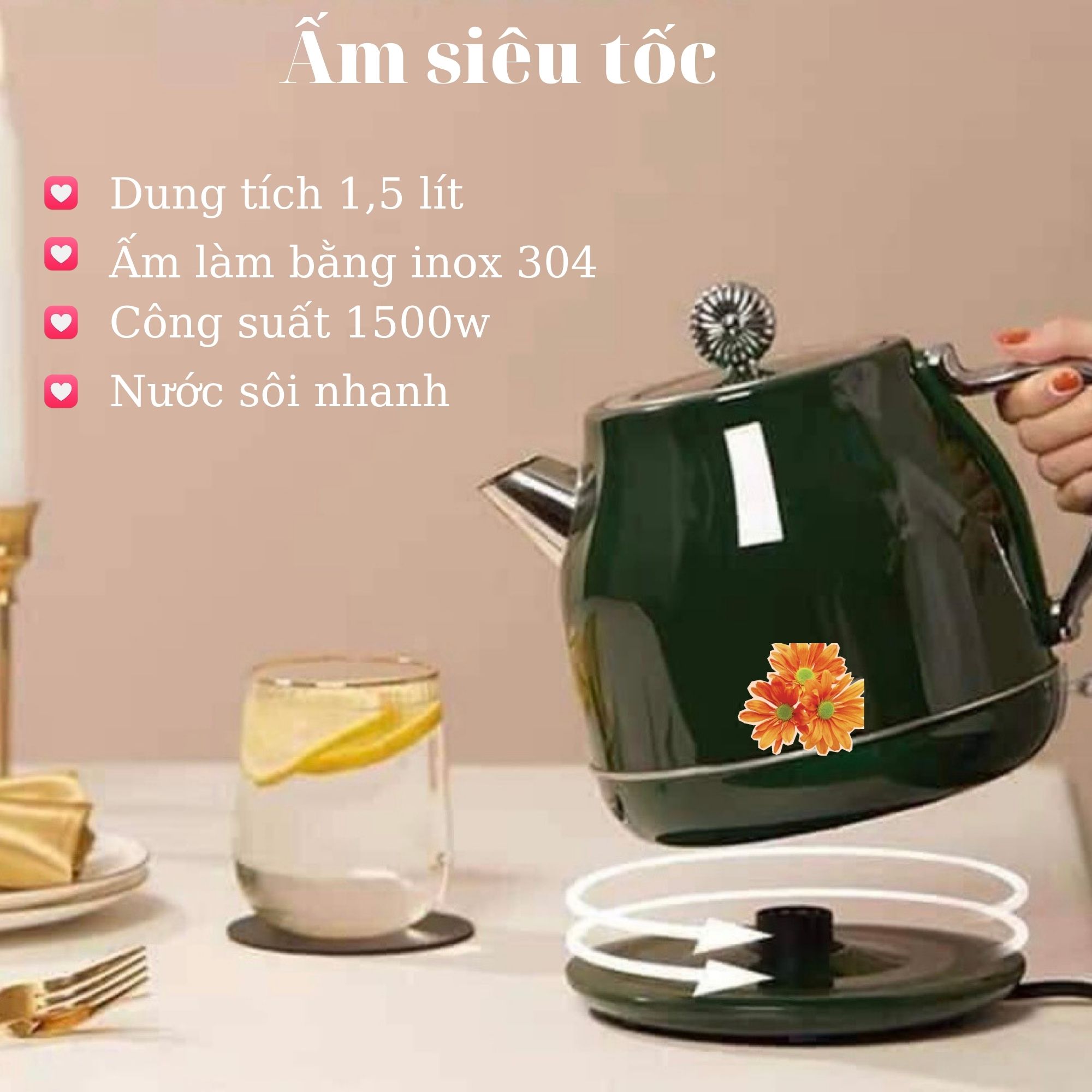 Ấm Đun Nước Siêu Tốc 1,5 lít, nước sôi cực nhanh, màu xanh sang trọng