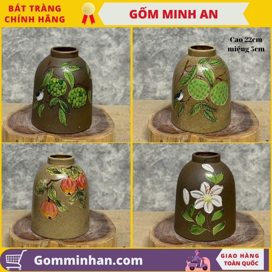 Bình Hoa Lọ Hoa Men Mộc Dáng Chuông Nhỏ H22 Vẽ Hoa Văn Thủ Công- Gốm Sứ Bát Tràng- Gốm Minh An