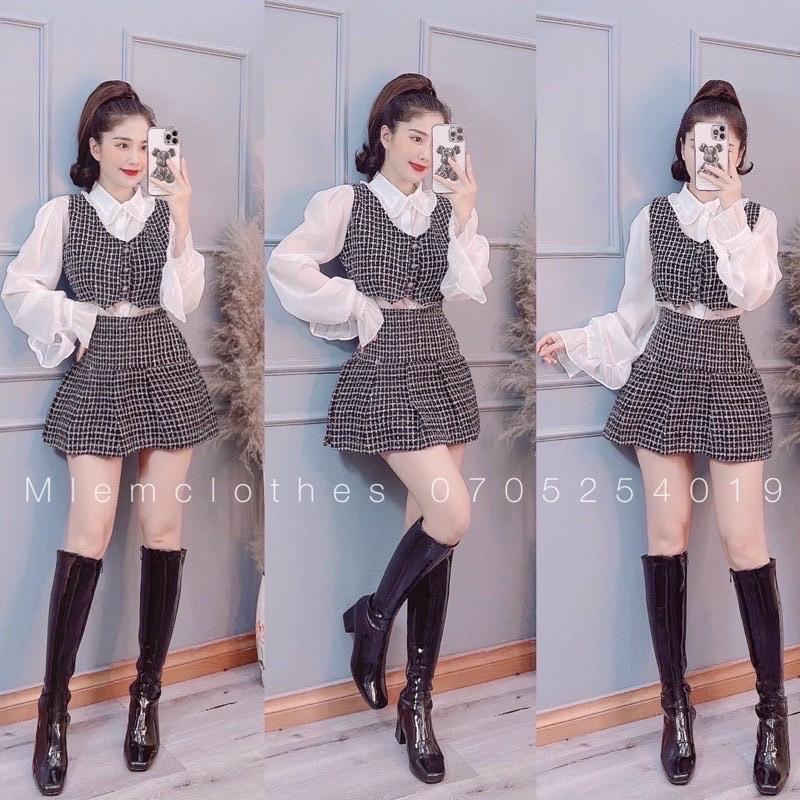 Set 3 Món Dạ Tiêu Áo Sơmi Bèo Mix Áo Gile Chân Váy Dạ Có Ảnh Thật Kèm Video ( Hàng Có Sẵn)