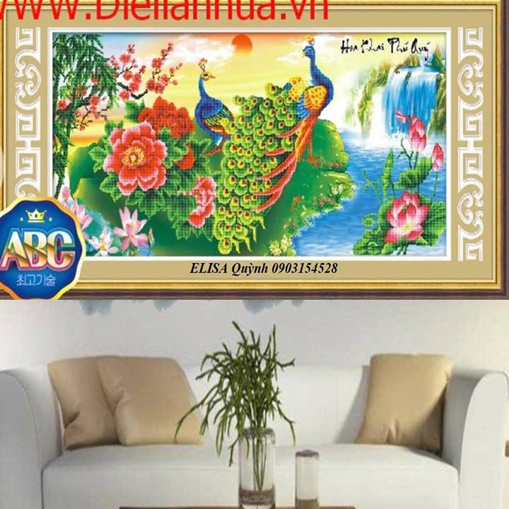 Tranh đá công xanh hoa khai phú quý YN0362 - kích thước: 150 * 74cm.