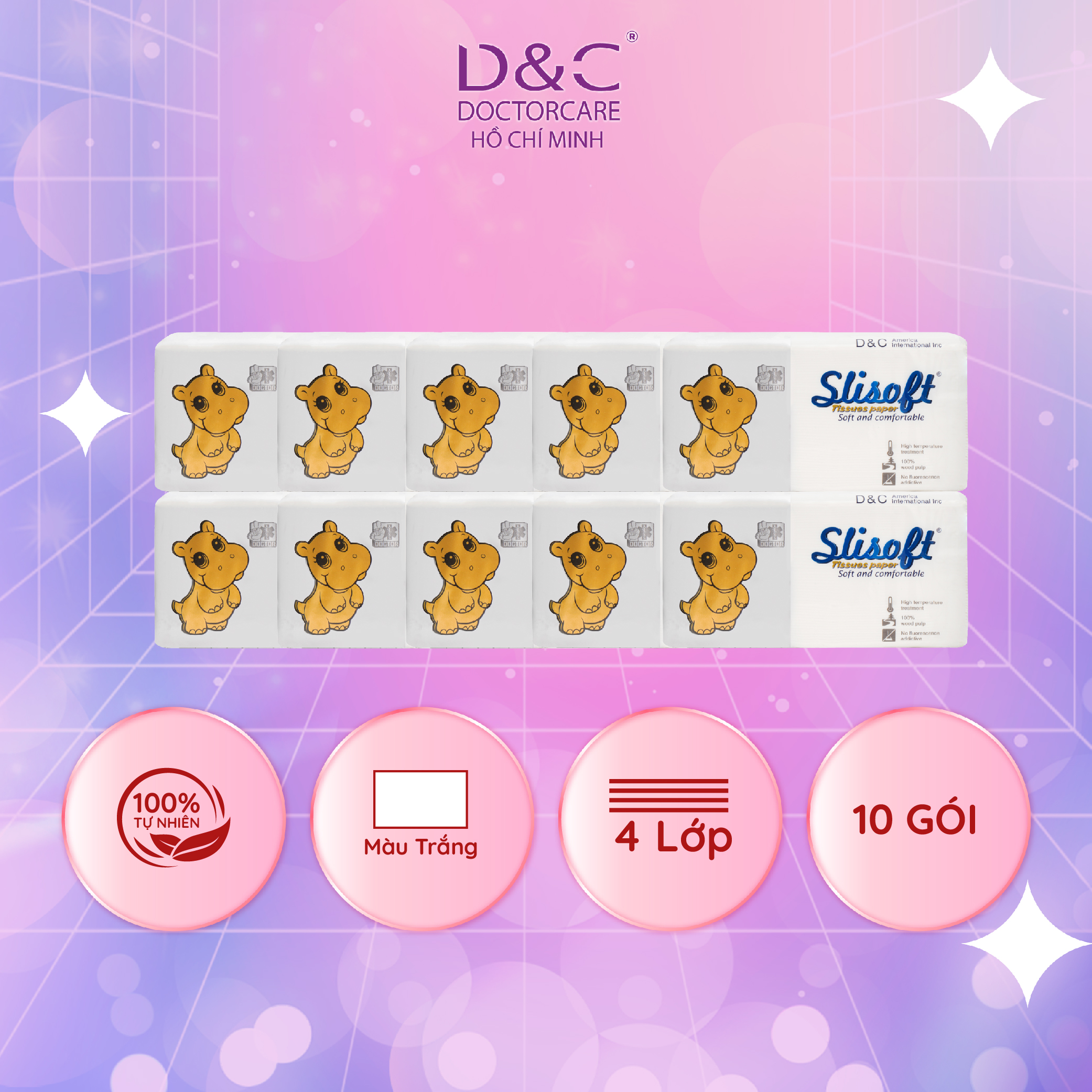 10 Bịch Giấy Ăn Slisoft 4 Lớp Trắng Tự Nhiên Đa Năng, Khăn Giấy Rút Không Chất Tẩy Trắng An Toàn Cho Cả Gia Đình - Hà Mã Xám