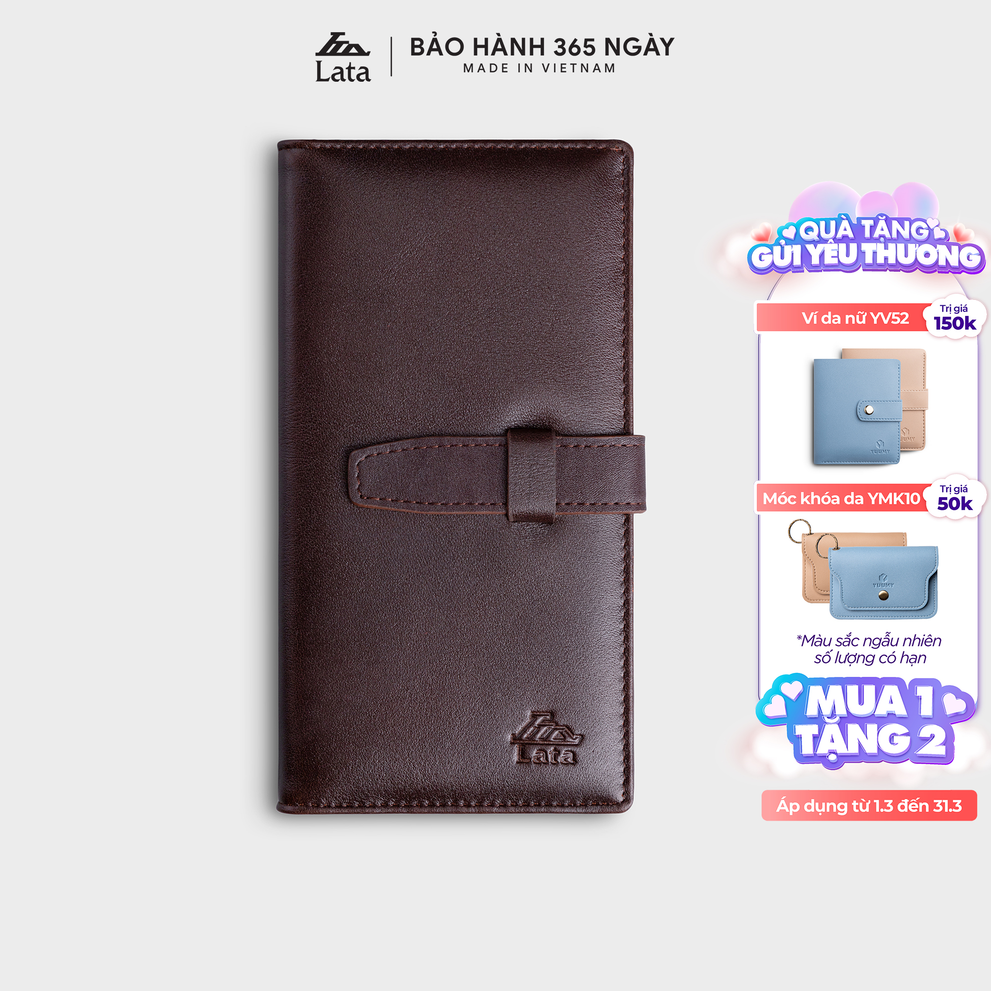 Ví dài cầm tay LATA LVN78, 15 ngăn, đựng vừa 12 thẻ namecard và tiền, phù hợp đi làm, đi chơi, đi họp, da bò thật 100% (10cm x 19cm)