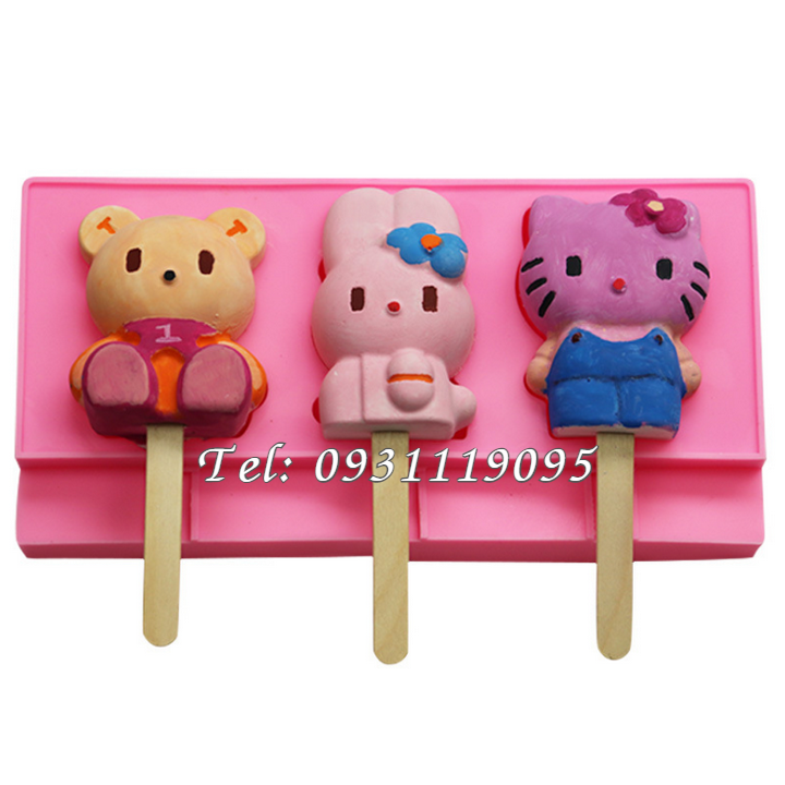 Khuôn silicon làm rau câu, làm kem, socola vĩ 3 con thỏ, mèo Kitty, gấu con – Mã số 1422