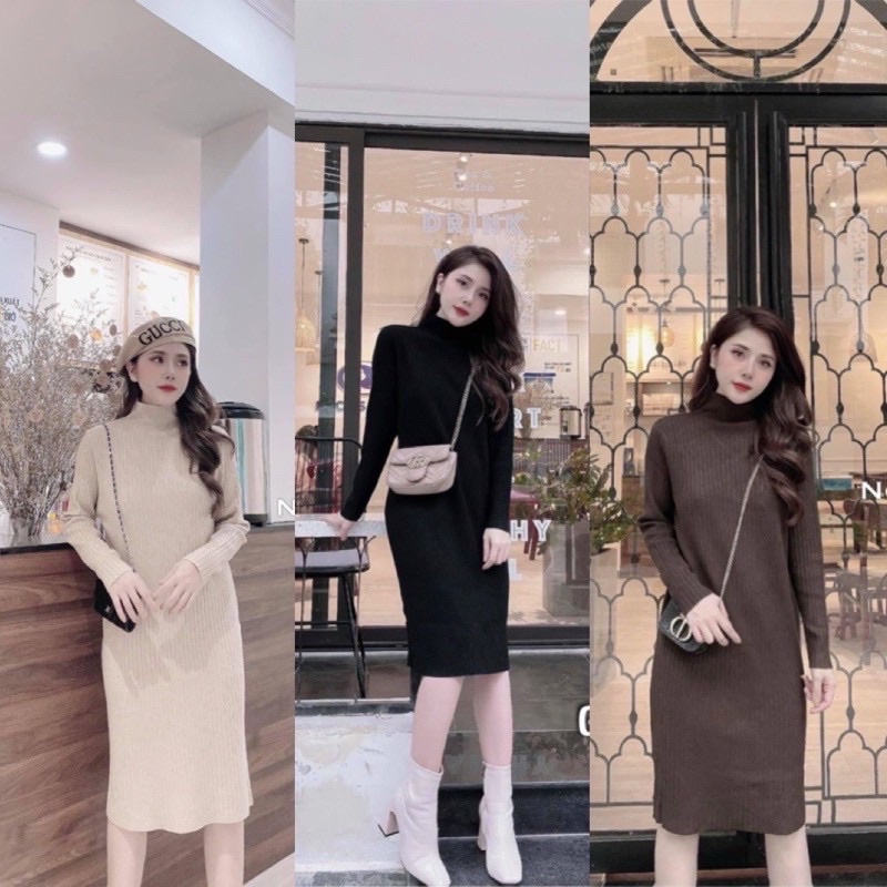 Váy body len dài thời trang nhiều màu - Đầm len cổ tròn 3p dáng dài quảng châu