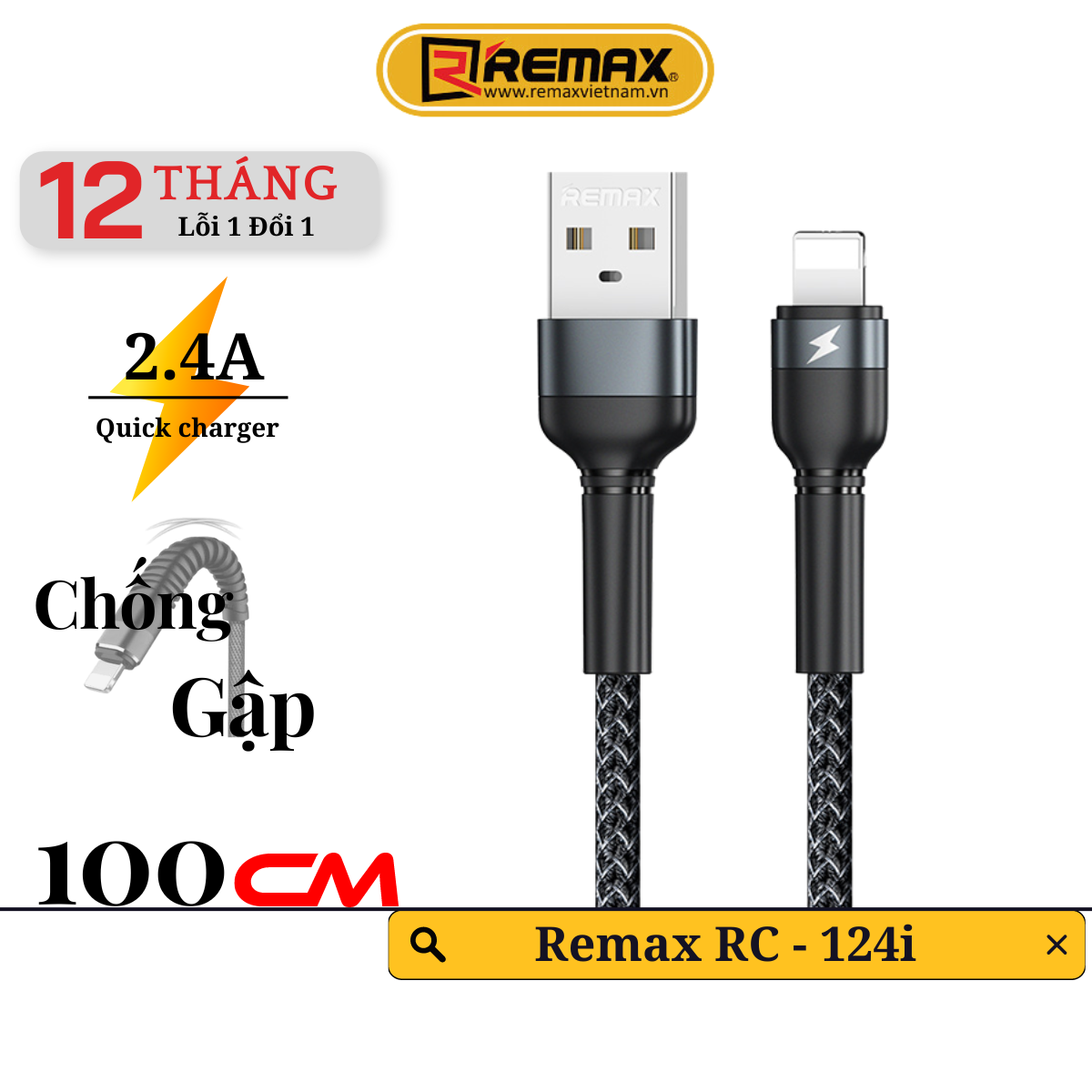 Dây sạc chính hãng Remax 124i hỗ trợ sạc nhanh 12w cho 13 Pro max trở xuống -Hàng Chính Hãng Remax