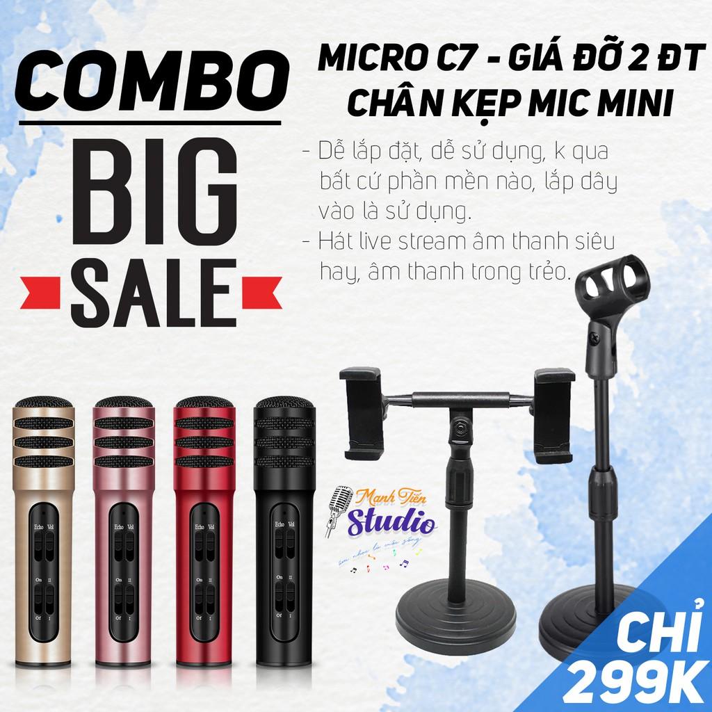 Micro live stream C7, chân kẹp micro mini, giá kẹp 2 điện thoại cực tiện lợi dễ sử dụng cho live stream