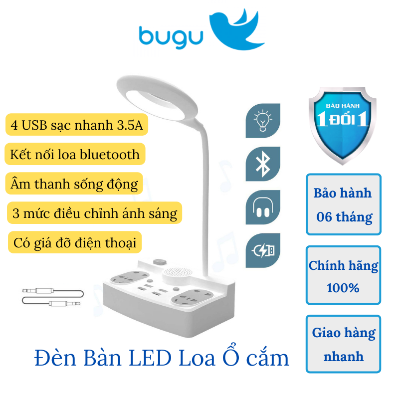 Đèn Học LED Để Bàn Tích Hợp Loa Bluetooth Và Ổ Cắm Điện Đa Năng Có 4 Cổng USB 3.5A Bugu HHT101 Có Giá Đỡ Điện Thoại Tiện Dụng