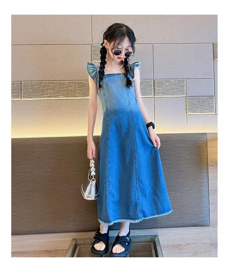 CHENGRUI Girl Sling Dress Váy mùa hè phong cách phương Tây Cô gái thời trang Denim Vest Váy lưới váy trẻ em lớn màu đỏ đầm mùa hè