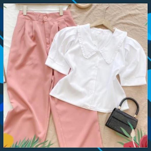 SET ÁO SƠ MI + QUẦN SUÔNG Pastel - Chất liệu cao cấp -Màu Trắng phối Hồng pastel