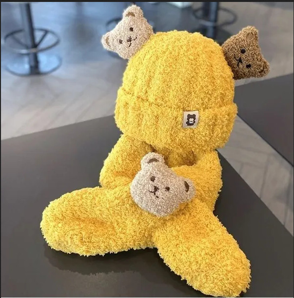 Set mũ len lông cừu kèm khăn 2 chú gấu cao cấp, mũ len gấu 3D lông cừu kèm khăn quàng cổ cho bé 0-4 tuổi