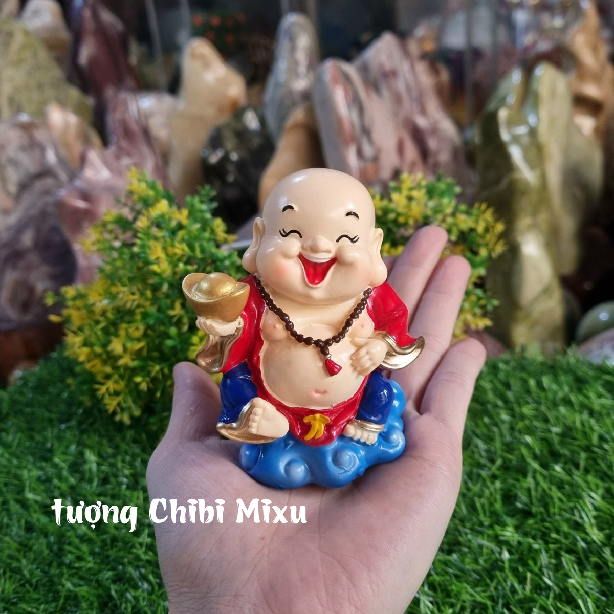 01 tượng Di Lặc 9cm cầm thỏi vàng may mắn