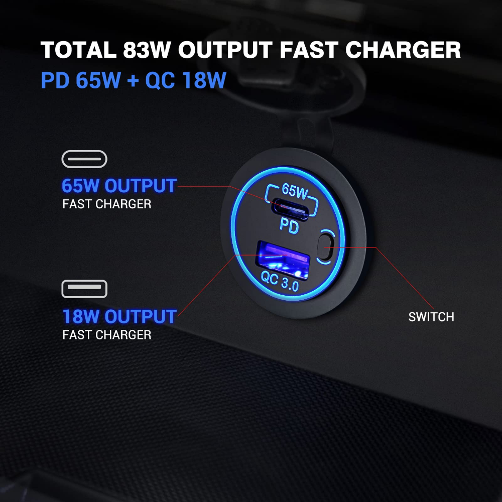 83W Máy tính xách tay Bộ sạc sạc ổ cắm 65W PD3.0 USB C và 18W QC3.0 Bộ sạc cổng USB với công tắc cho xe RV Marine Motocycle Boat