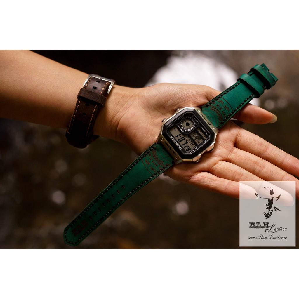 (MUA 1 ĐƯỢC 5)DÂY ĐỒNG HỒ TRỐNG ĐỒNG CASIO AE1200/SEIKO5 RAM GREEN DA BÒ THẬT