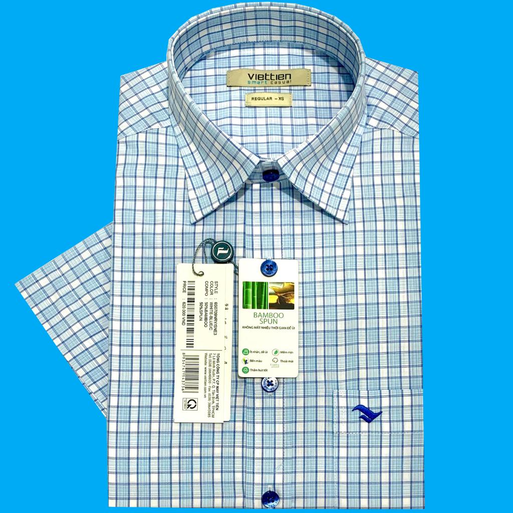 Viettien - Áo sơ mi nam ngắn tay xẻ tà vạt ngang Bamboo spun Ca rô Xanh 6S0708-6S0709 Regular, Regular fit - Regular fit (ôm)