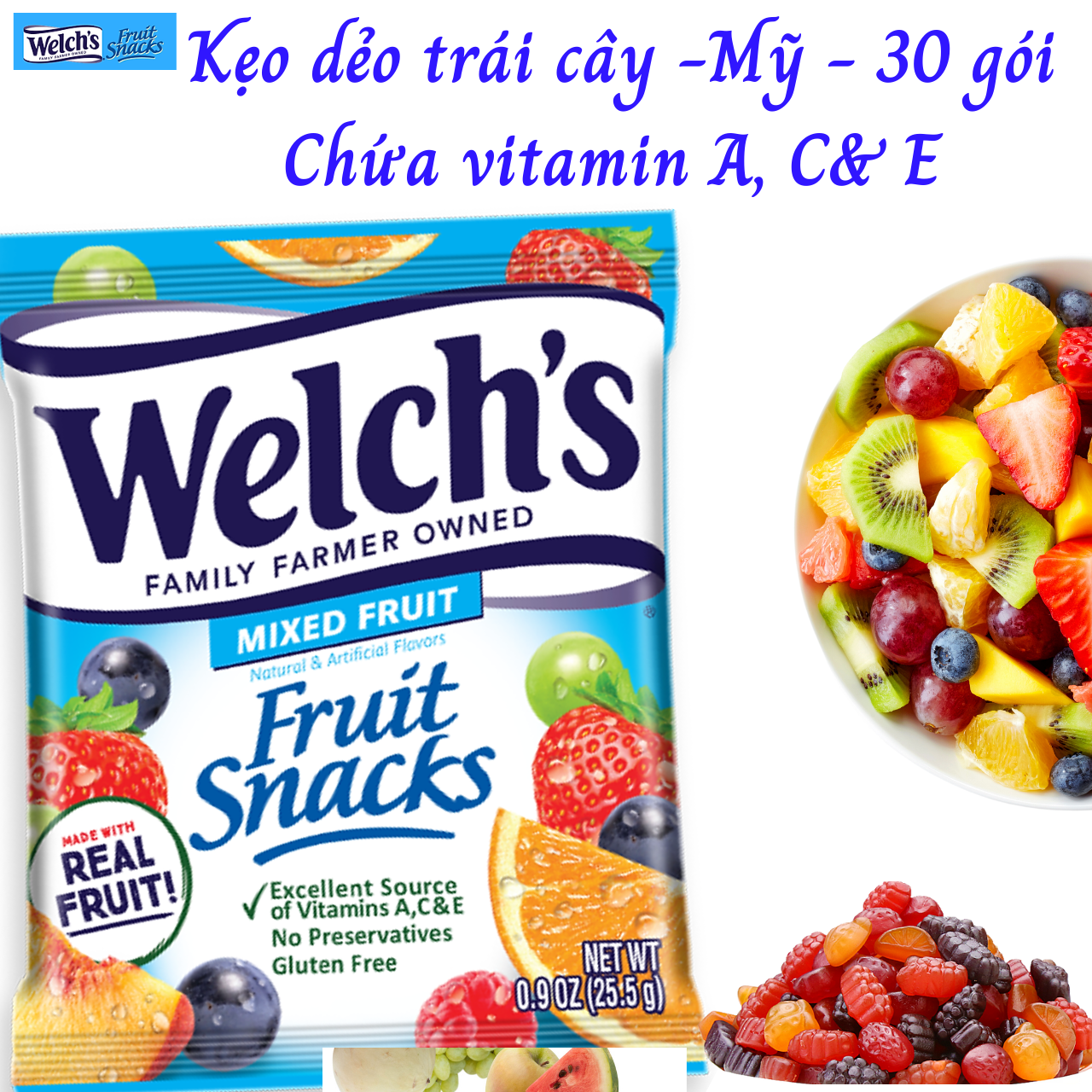 Kẹo dẻo trái cây hỗn hợp - Welch's Mixed Fruit Snack Chứa Vitamin A,C,E Giúp ăn ngon + bổ + khỏe (22,7g/gói)- Massel Official