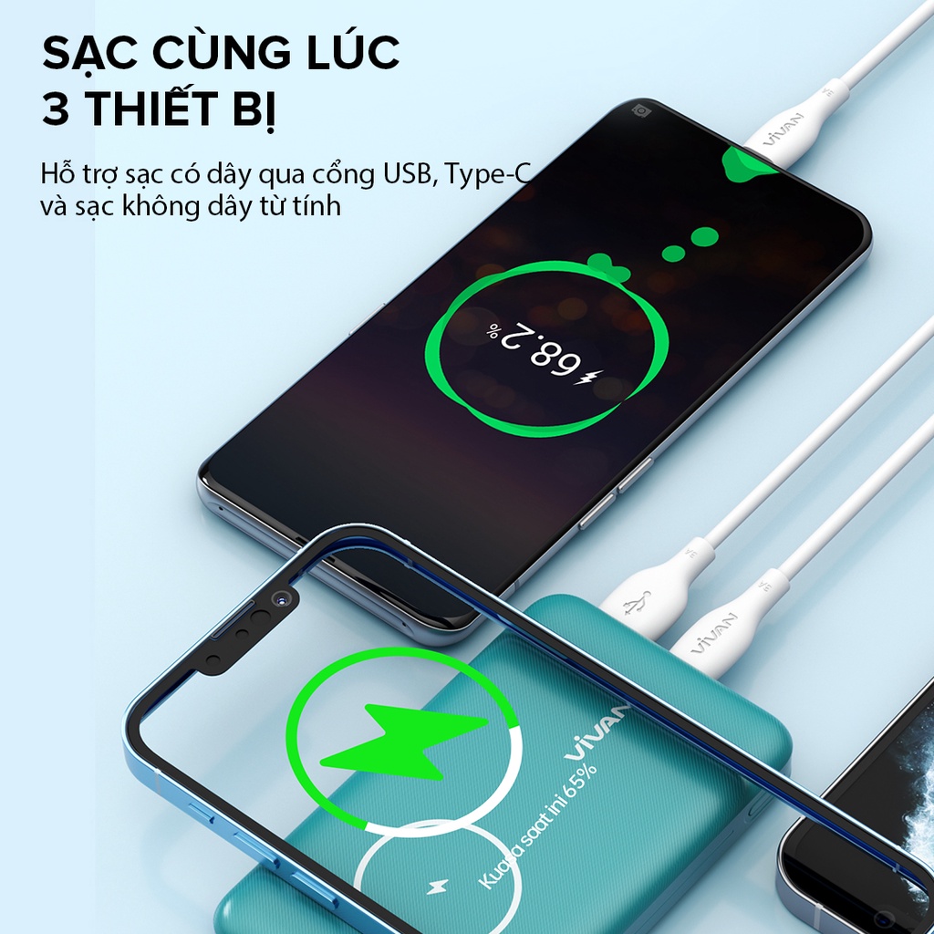 Pin Dự Phòng Không Dây Từ Tính 10000 mAh VIVAN VPB-W12 Sạc Nhanh Q.C 3.0 PD 2 Cổng Sạc Ra TypeC & USB - Hàng Chính hãng
