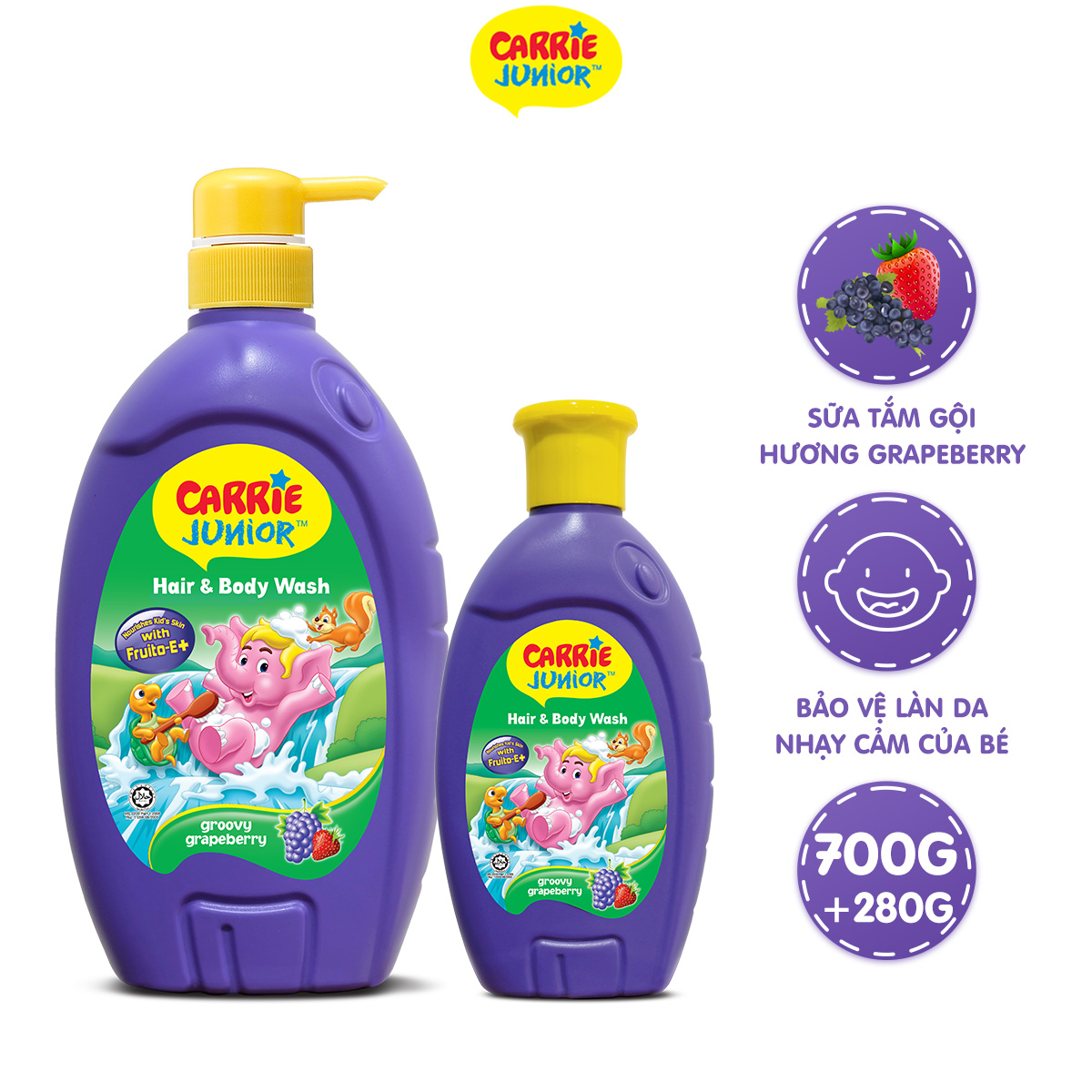 Combo Sữa Tắm Gội cho bé Carrie Junior Hương Grapeberry: 700g + 280g