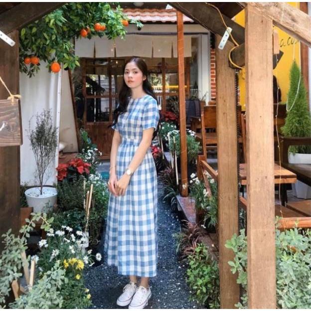 X2 Đầm maxi sọc caro xanh đi biển thắt nút sau form dài váy công sở cổ tròn tay ngắn dây eo