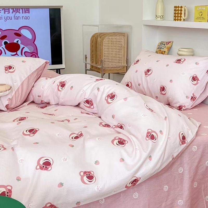 Set Cotton Living Hàng Nhập Khẩu Cao Cấp 4 Món Gấu Hồng