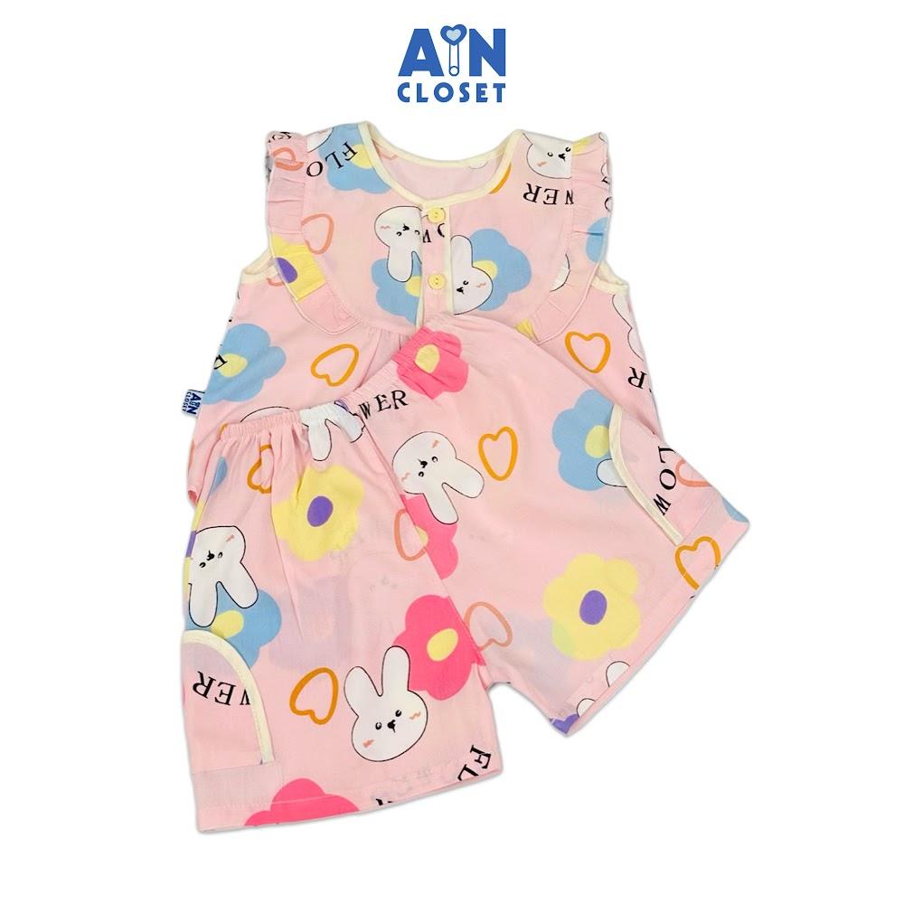 Bộ quần áo Ngắn bé gái hoạ tiết Thỏ Hoa Hồng Lanh lụa - AICDBGXRHMOA - AIN Closet
