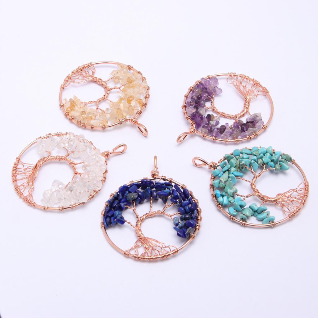 Tree of Life Pendant Crystal Necklace Gemstone Fashion Jewelry Pink