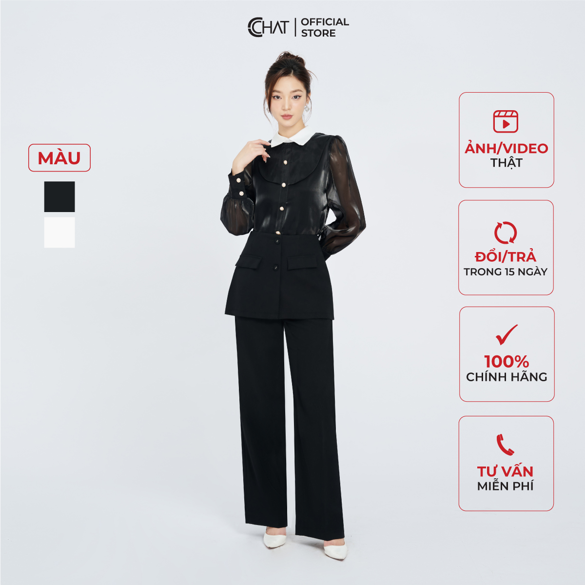 Quần Ống Rộng CCHAT Dáng Suông 2 Chi Tiết Tà Bong Chất Tuytsi 22QDS2005ST