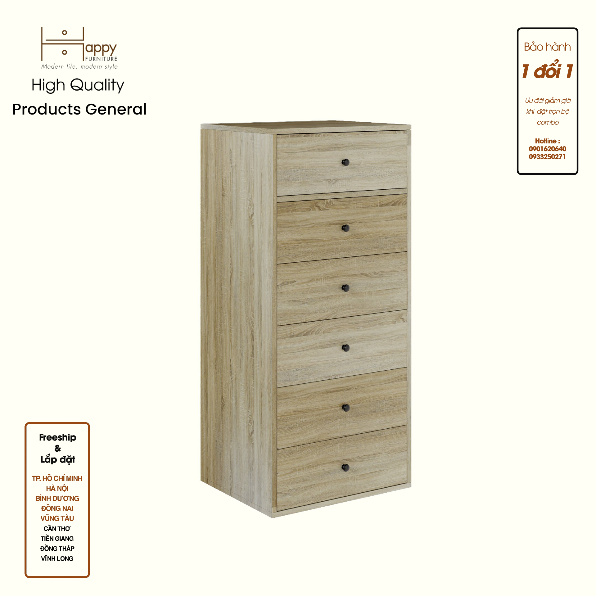 HAPPY FURNITURE , ZACY - Tủ lưu trữ 6 ngăn kéo , THK_217 , 55cm x 45cm x 121cm DxRxC, Sản phẩm phổ thông
