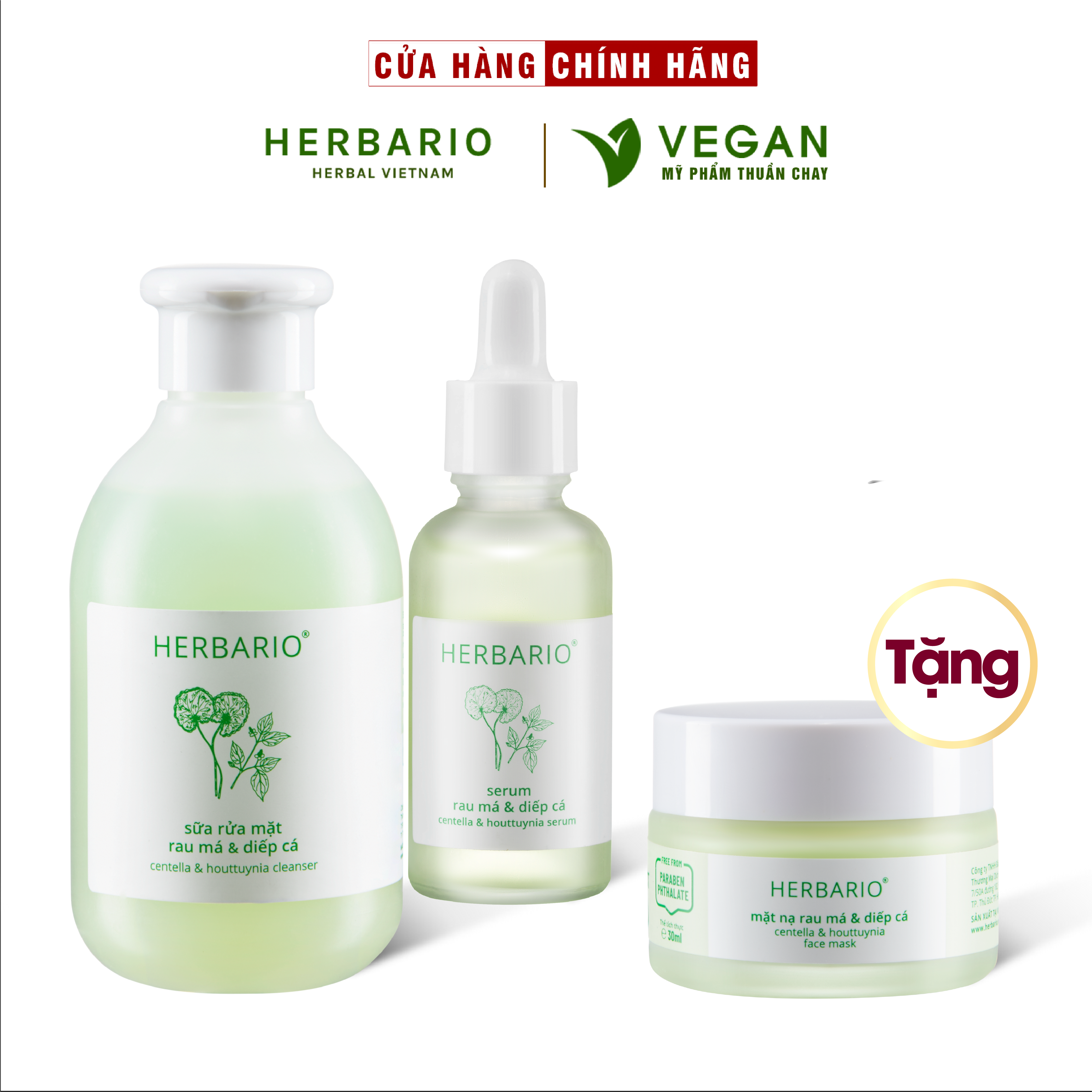 Bộ 3 chăm sóc da mụn cơ bản rau má & Diếp cá Herbario: Sữa rửa măt 200ml + Mặt nạ 30ml + Tinh chất 30ml