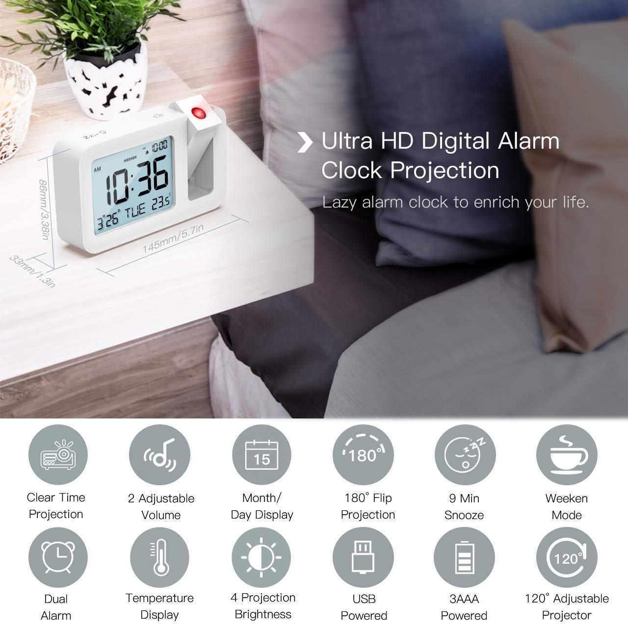 Đồng hồ báo thức chiếu, Đồng hồ bảng báo thức du lịch Đồng hồ bàn 3,8 "màn hình LCD, số lượng lớn, 4 độ sáng, Snooze 9 phút, 2 tông màu báo động, cho phòng ngủ, văn phòng, nhà bếp
