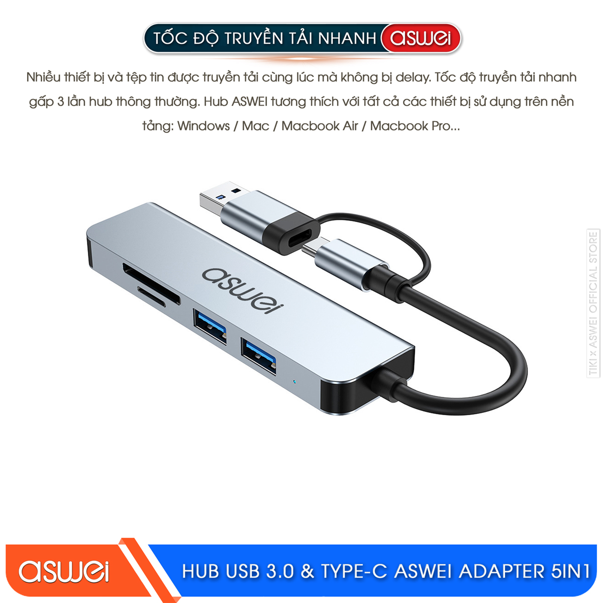 Hub Type C Và Hub USB ASWEI 5 in 1 To USB 3.0, SD, TF - Hàng Chính Hãng