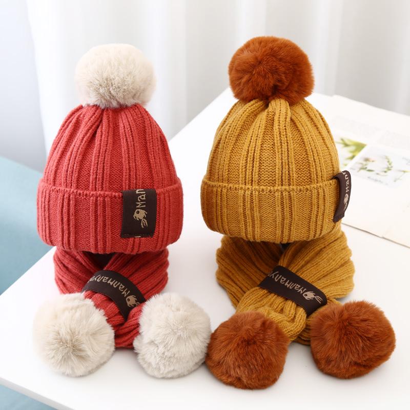 Trẻ Em Mùa Đông Khăn Choàng + Nón Bộ Trẻ Em Sọc Dệt Kim Beanies Với Sang Trọng Cho Bé Trai Và Bé Gái Khăn Giữ Ấm Mũ Lưỡi Trai với Bộ Lông Pompom