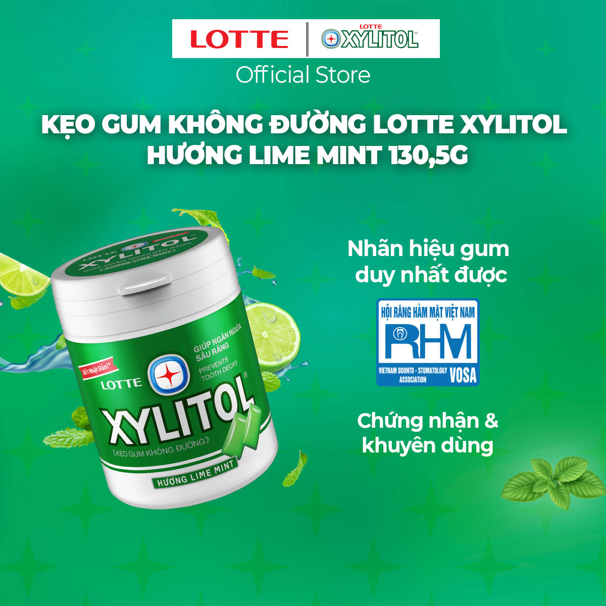 Combo 6 hũ Kẹo Gum không đường Lotte Xylitol - Hương Lime Mint 130,5 g