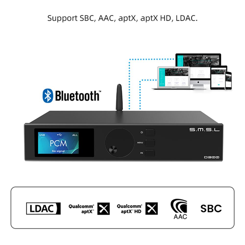 SMSL D300 Bluetooth 5.0 Decoder DAC ROHM BD34301EKV CHIP XMOS DSD512 PCM768KHZ Bộ giải mã LDAC với đầu ra điều khiển từ xa XLR/RCA