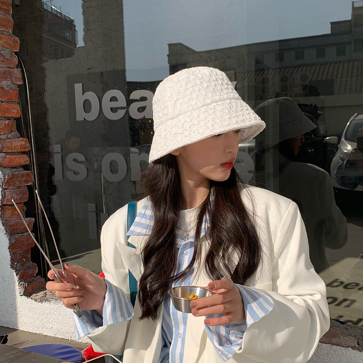 ￼ Nón tai bèo chống nắng phối ren màu trắng có thể gấp gọn phong cách Hàn Quốc xinh xắn cho nữ