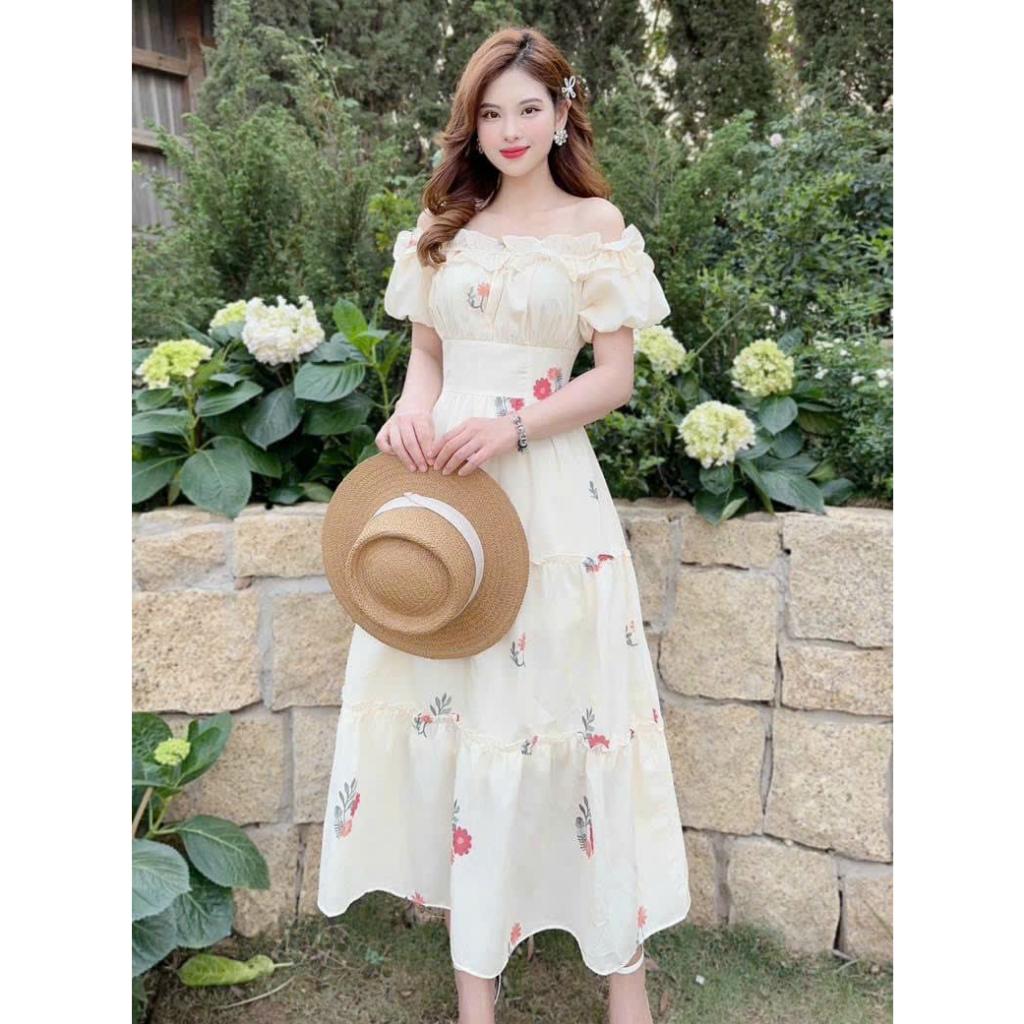 Đầm midi lụa trễ vai hoạ tiết hoa nhúng bèo duyên dáng