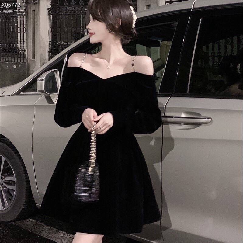 ĐẦM NHUNG SUÔNG TRƠN DÂY TRỄ VAI DỰ TIỆC GIÁNG SINH NOEL ĐEN
