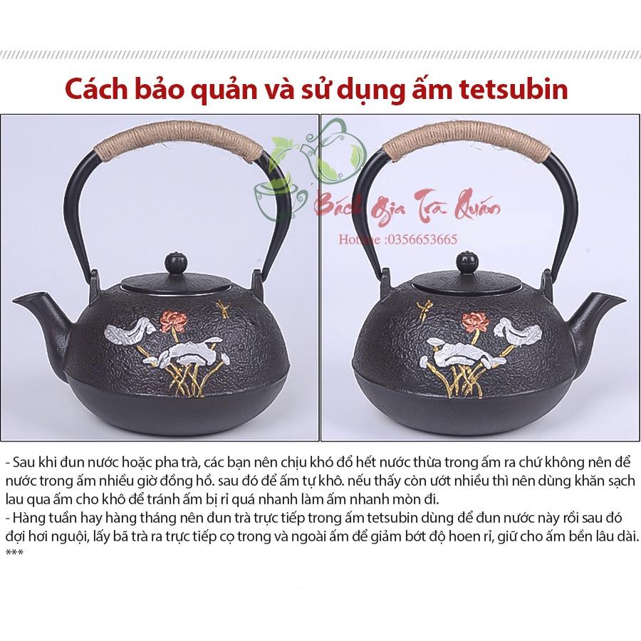 Ấm Gang Tetsubin - Quai Gang Quấn Dây Cói - Họa Tiết Liên Hoa Chuồn Chuồn - Dung Tích 1200ml