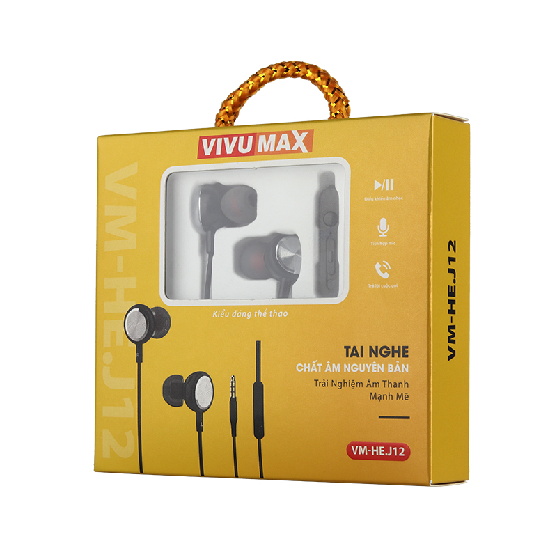 Tai nghe nhét tai có dây VivuMax J12 - Jack cắm 3.5mm, có Mic/Microphone - Cho iOS/Apple (iPhone/iPad), Android (Samsung, Vsmart, Sony, Xiaomi, Huawei, Oppo) Màu Trắng/Đen - Hàng Chính Hãng