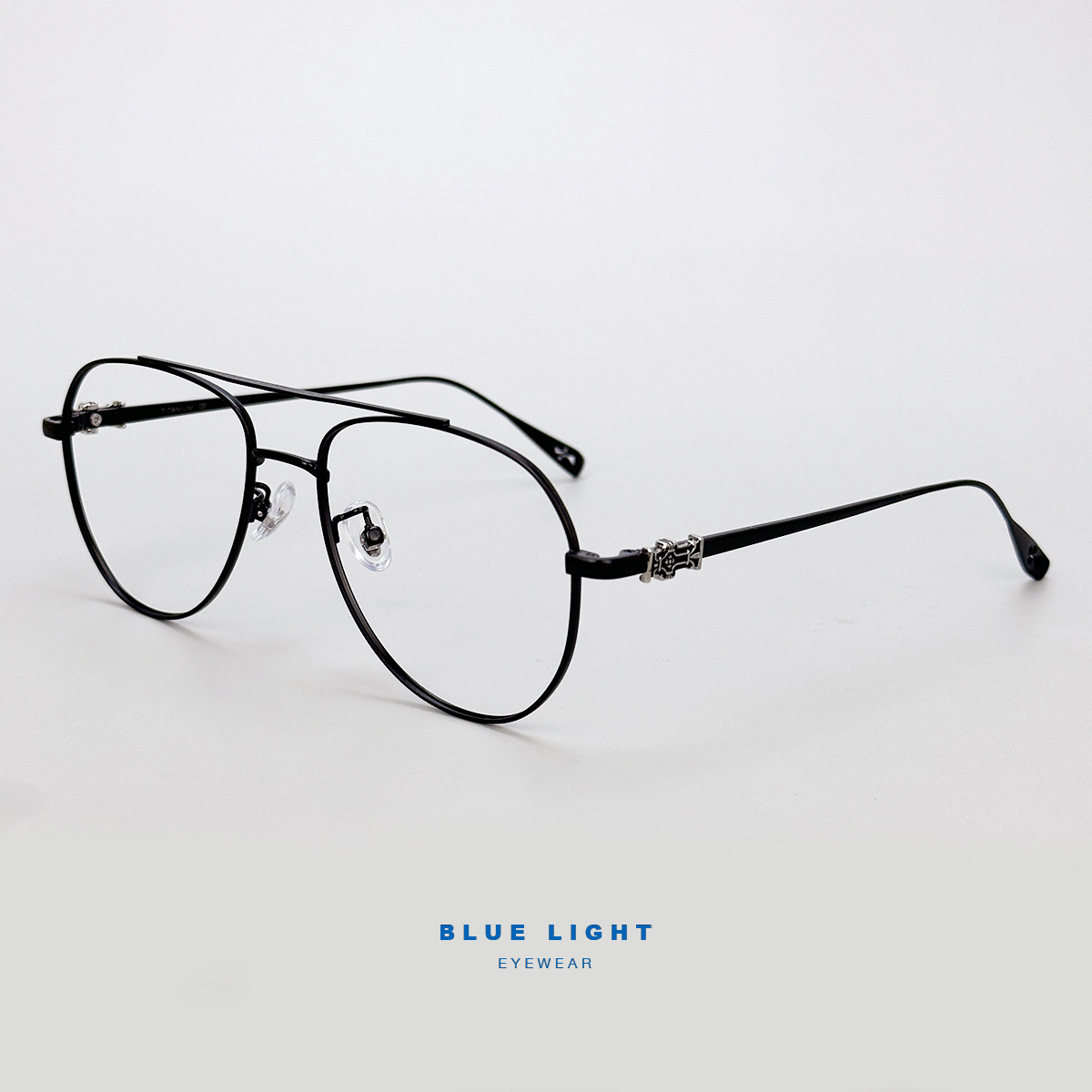 Gọng Kính Cận, Kính Giả Cận Nam Nữ TITANIUM Cao Cấp Siêu Nhẹ, Mắt Phi Công To Tròn , Full Đen, Bạc - BLUE LIGHT