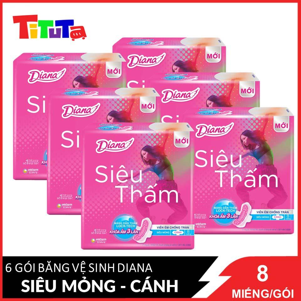 Combo 6 gói Băng vệ sinh Diana Siêu thấm dày không cánh 8 miếng