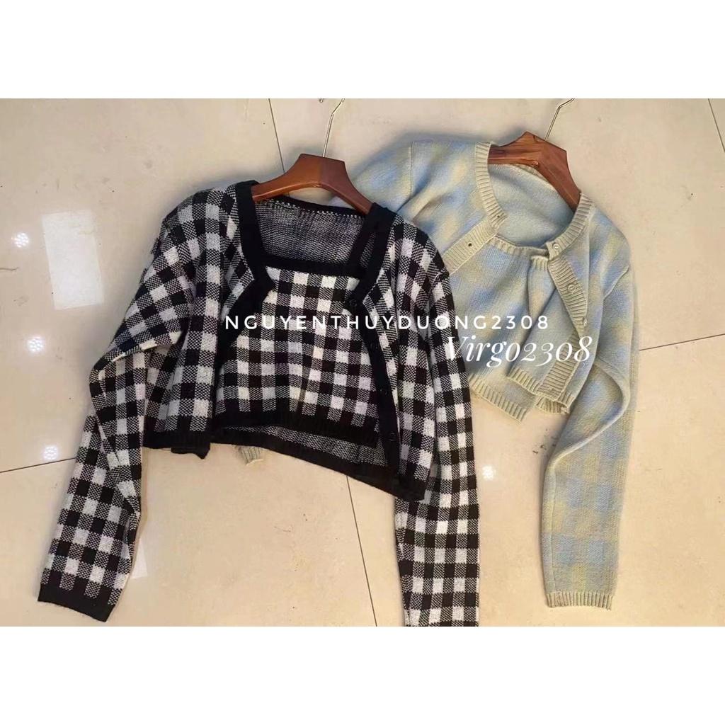 SET ÁO CARDIGAN LEN KẺ CARO MIX ÁO 2 DÂY SIÊU XINH