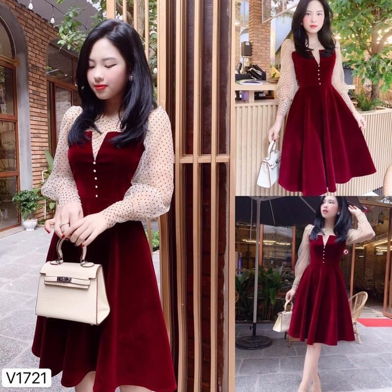 Đầm nhung đỏ xoè phối voan lưới khoét cổ V siêu sang