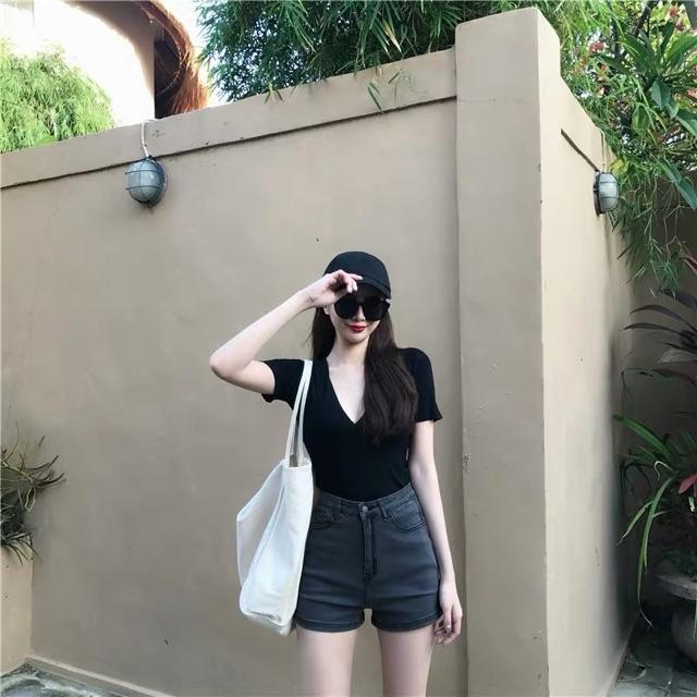 Quần short jean nữ big size lưng cao co dãn mạnh màu xám lông chuột 2900