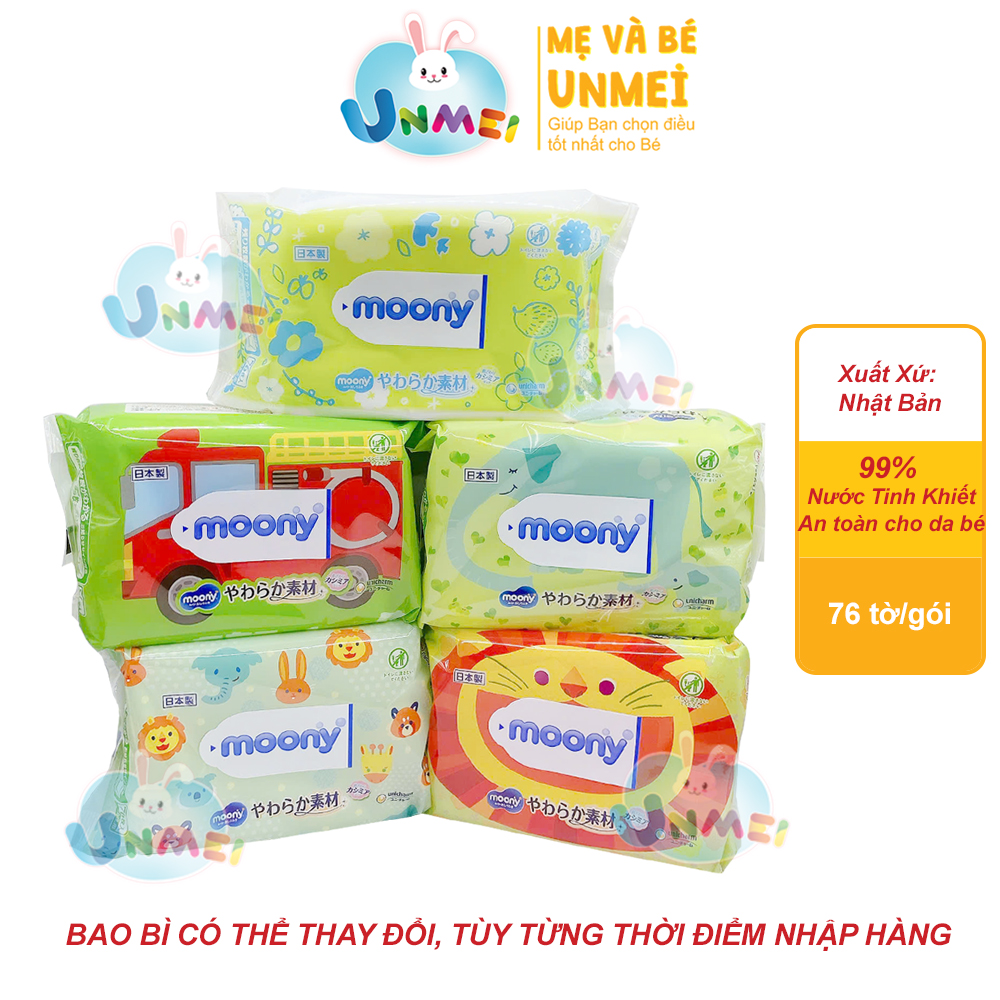 Combo 5 Gói Khăn ướt MOONY Không Mùi 99% Nước Tinh Khiết Nội Địa Nhật (76 tờ/gói) - Giao Mẫu Ngẫu Nhiên