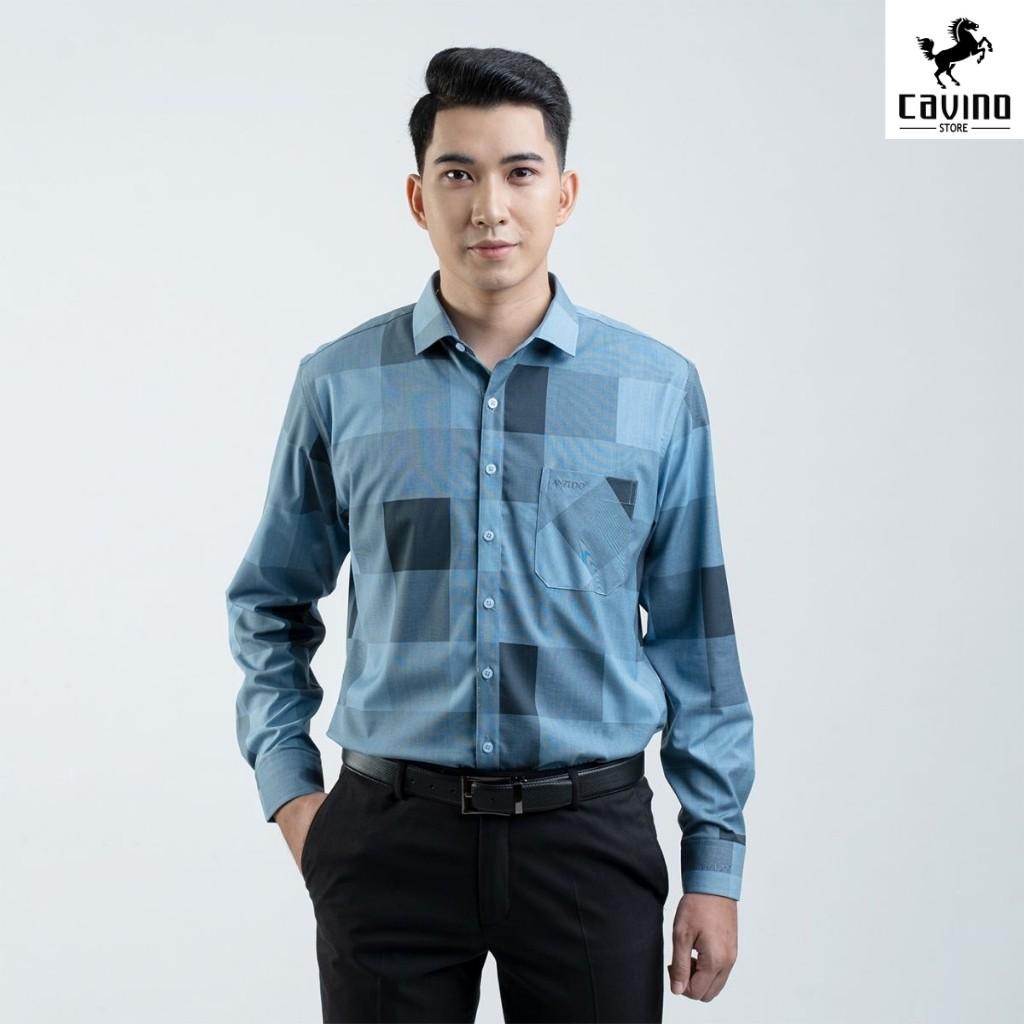 Áo sơ mi nam dài tay xanh kẻ ô vuông 932 CAVINO cao cấp
